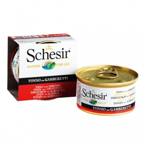 Schesir Tuna Prawns консерви для кішок, вологий корм тунець з креветками в желе, банку 85 г